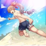  1boy clouds fire_emblem fire_emblem_if from_behind grey_hair hair_ribbon kozaki_yuusuke lens_flare long_ponytail looking_back male_focus official_art open_mouth over_shoulder palm_tree ponytail ribbon running sand sky smile solo takumi_(fire_emblem_if) tree 