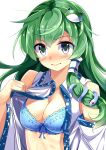  1girl bare_shoulders blue_bra blush bow bow_bra bra breasts cleavage detached_sleeves e.o. frog_hair_ornament green_hair hair_ornament highres kochiya_sanae long_hair looking_at_viewer open_mouth snake_hair_ornament solo touhou underwear upper_body yellow_eyes 