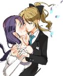  2girls ayase_eli blonde_hair blue_eyes blush bow dress eye_contact formal gloves green_eyes hair_bow hand_on_another&#039;s_chin incipient_kiss interlocked_fingers long_hair looking_at_another love_live!_school_idol_project multiple_girls necktie ponytail purple_hair sofy suit sweatdrop toujou_nozomi white_dress white_gloves yuri 