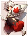  1girl animal_ears blush dutch_angle fang full_body highres hip_vent inubashiri_momiji long_sleeves looking_at_viewer midriff no_hat open_mouth pants pom_pom_(clothes) red_eyes sandals shield shirt short_hair socks solo sword tail touhou turtleneck usamata weapon white_hair white_legwear wide_sleeves wolf_ears wolf_tail 