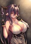  1girl black_hair breasts cleavage danua granblue_fantasy horn_ornament horns large_breasts long_hair looking_at_viewer pointy_ears red_eyes solo zukky 