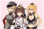  3girls :d :p ;d ;p ahoge anchor_choker annin_musou annoyed arm_behind_back bangs belt bismarck_(kantai_collection) blonde_hair breasts brown_hair cheek_poking collar commentary_request cup detached_sleeves dress elbow_gloves gloves grey_eyes hair_between_eyes hairband hand_on_hip hat headgear holding_cup iowa_(kantai_collection) japanese_clothes kantai_collection kongou_(kantai_collection) large_breasts locked_arms long_hair low_neckline midriff mini_hat multiple_girls navel nontraditional_miko one_eye_closed open_mouth peaked_cap poking saucer skirt smile sweatdrop teacup tongue tongue_out unamused wide_sleeves 