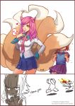  2girls 2koma academy_ahri ahri anger_vein angry animal_ears annie_hastur backpack bag bangs bear blush burning comic contrapposto covering_face cowboy_shot english fake_animal_ears finger_to_mouth fleeing fox_ears fox_tail hair_ornament hairclip hand_on_hip heart heart_hair_ornament league_of_legends lips long_hair miniskirt multiple_girls multiple_tails necktie one_eye_closed pink_hair pleated_skirt randoseru redhead school_uniform scowl serafuku short_hair skirt songjikyo stick_figure surprised surprised_arms sweater_vest swept_bangs tail tibbers triangle_mouth watermark web_address wing_collar yellow_eyes 