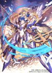  1girl 2d :d angel_wings blonde_hair blue_hair character_request commentary_request copyright_name cross detached_sleeves feathers full_body groin hair_tubes hairband halo headgear long_hair looking_at_viewer mecha mecha_musume multiple_wings navel open_mouth original seraph shield smile solo wings z/x 