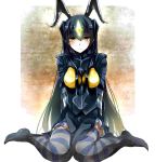  1girl antennae black_hair bodysuit closed_mouth expressionless female full_body green_eyes helmet highres kaijuu knees_together_feet_apart long_hair looking_at_viewer personification sitting skin_tight solo striped striped_legwear sumiko_(aomorinojunko) ultra_kaijuu_gijinka_keikaku ultra_series wariza zetton 