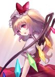  1girl ainy77 ascot blonde_hair bow crystal flandre_scarlet from_behind hat hat_bow hat_ribbon looking_at_viewer looking_back looking_to_the_side mob_cap open_mouth puffy_short_sleeves puffy_sleeves red_eyes ribbon short_sleeves side_ponytail solo touhou wings 
