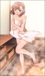  1girl brown_eyes brown_hair collarbone highres indoors misaka_mikoto naked_towel navel open_mouth short_hair solo to_aru_kagaku_no_railgun to_aru_majutsu_no_index towel yadokari_genpachirou 