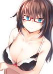  1girl bangs black_bra blue_eyes bow bow_bra bra breast_hold breasts brown_hair cleavage closed_umbrella collarbone eyebrows eyebrows_visible_through_hair glasses haegiwa highres long_hair looking_at_viewer looking_away looking_to_the_side original red-framed_glasses semi-rimless_glasses simple_background solo umbrella under-rim_glasses underwear upper_body white_background 