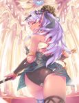  1girl armband armlet ass back bangs bare_shoulders breasts ceda_(dace) cowboy_shot dark_elf dark_skin earrings elf eyelashes from_behind head_wreath holding holding_weapon indoors jewelry licking_lips long_hair looking_at_viewer looking_back o-ring_top original petals pillar pointy_ears purple_hair purple_lips rug solo staff thigh-highs thorns tongue tongue_out violet_eyes walking 