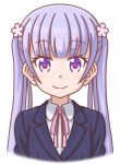  1girl eyebrows eyebrows_visible_through_hair hair_ornament long_hair looking_at_viewer mugen_ouka neck_ribbon new_game! portrait purple_hair ribbon simple_background smile solo suzukaze_aoba twintails violet_eyes white_background 