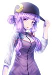  1girl backlighting bangs baseball_cap blue_ribbon blunt_bangs crescent crescent_hair_ornament hair_bun hair_ornament hair_ribbon hat highres jacket looking_at_viewer patchouli_knowledge purple_hair red_ribbon ribbon simple_background solo t.m_(aqua6233) touhou track_jacket tress_ribbon upper_body violet_eyes white_background zipper 