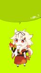  1girl ahoge alternate_hairstyle blonde_hair blush_stickers chibi fangs hair_ribbon japanese_clothes kantai_collection kimono red_eyes remodel_(kantai_collection) ribbon scarf shirokitsune_(rin02ituki) solo sparkling_eyes speech_bubble torch translated wavy_hair yuudachi_(kantai_collection) 