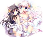  2girls animal_ears back bare_shoulders black_hair blue_eyes blush braid breasts cat_ears cat_tail commentary_request dress hair_ornament hair_ribbon holding_hands large_breasts long_hair looking_back multiple_girls open_mouth original ribbon sasai_saji smile tail thigh-highs twintails very_long_hair white_dress white_hair white_legwear x_hair_ornament 