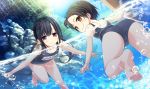  2girls air_bubble ass barefoot black_hair blush brown_eyes cura dutch_angle feet game_cg hayase_fukami highres light_rays long_hair looking_at_viewer looking_back maitetsu minokasa_nagi multiple_girls name_tag partially_submerged partially_underwater_shot school_swimsuit short_hair smile soles sunbeam sunlight swimming swimsuit toes twintails violet_eyes water 