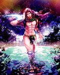  1boy abs bare_chest blade bush chocoblood earrings full_body glowing horns jewelry jojo_no_kimyou_na_bouken kars_(jojo) knee_pads lake loincloth long_hair male_focus muscle purple_hair ripples shin_guards shiny sky solo sparkle standing standing_on_liquid star_(sky) starry_sky 