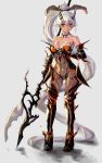  1girl absurdres armor ass_visible_through_thighs bare_shoulders choker collarbone deluxe&lt;&lt;&lt; earrings elbow_gloves gloves grey_background highres horns jewelry long_hair navel orange_eyes parted_lips pointy_ears ponytail simple_background solo staff very_long_hair white_hair 