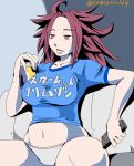  1girl artist_name beer_can breasts controller couch dress_shirt jun&#039;you_(kantai_collection) kamizono_(spookyhouse) kantai_collection long_hair open_mouth panties purple_hair remote_control shirt solo spiky_hair translated underwear violet_eyes 