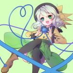  1girl adapted_costume airrabbityan alternate_costume boots eyeball green_background green_eyes hat hat_ribbon heart heart_of_string highres komeiji_koishi long_sleeves open_mouth ribbon shirt short_hair silver_hair simple_background skirt smile solo string third_eye touhou wide_sleeves 