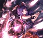  1girl animal_ears bloomers blue_dress blue_hair danmaku dress glowing glowing_weapon hammer long_hair looking_at_viewer low_twintails minust open_mouth puffy_sleeves rabbit_ears red_eyes seiran_(touhou) short_sleeves smile solo touhou twintails underwear weapon 