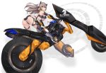  1girl 2d ass bare_shoulders black_gloves blush breasts cleavage commentary gloves grey_hair headgear high_heels large_breasts leotard long_hair looking_at_viewer motor_vehicle motorcycle original red_eyes revealing_clothes riding_motorcycle science_fiction sideboob skin_tight smile solo under_boob vehicle 