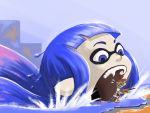  1boy 1girl blue_eyes blue_hair flying_sweatdrops holding holding_weapon inkling looking_at_another looking_down macro micro monster_boy monster_girl orange_hair sharks_and_minnows size_difference somiad splashing splatoon stuck tentacle_hair vore water weapon 