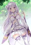  1girl animal bare_shoulders blush_stickers braid cat detached_sleeves dutch_angle emilia_(re:zero) flower frilled_sleeves frills hair_flower hair_ornament hair_ribbon highres jewelry kaetzchen leaf long_hair long_sleeves looking_at_viewer outdoors pack_(re:zero) parted_lips pleated_skirt pointy_ears re:zero_kara_hajimeru_isekai_seikatsu ribbon silver_hair skirt thigh-highs violet_eyes white_legwear wide_sleeves wind zettai_ryouiki 