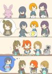  bird bread chick chopsticks comic drink food hamburger highres hoshizora_rin kantarou_(syu0ntyyy) koizumi_hanayo kousaka_honoka lily_white_(love_live!) love_live!_school_idol_project minami_kotori minami_kotori_(bird) printemps_(love_live!) rabbit rice_bowl rice_cooker sonoda_umi thought_bubble toujou_nozomi 