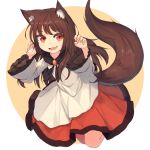  1girl animal_ears brooch brown_hair dress fang highres imaizumi_kagerou jewelry long_hair long_sleeves looking_at_viewer red_eyes shone simple_background smile solo tail touhou wide_sleeves wolf_ears wolf_tail 