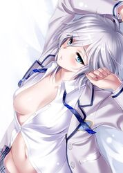  1girl anastasia_(idolmaster) blue_eyes blush breasts cleavage idolmaster idolmaster_cinderella_girls necktie no_bra no_panties school_uniform short_hair silver_hair skirt skirt_pull solo unbuttoned unbuttoned_shirt zen 