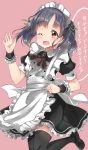  1girl absurdres alternate_costume apron black_legwear blue_hair enmaided highres kantai_collection maid maid_apron maid_headdress mary_janes one_eye_closed ooshio_(kantai_collection) open_mouth pentagon_(railgun_ky1206) pink_background shoes short_hair simple_background skirt smile solo thigh-highs twintails violet_eyes wrist_cuffs 