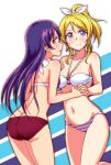  2girls ass ayase_eli bikini earrings halterneck holding_hands interlocked_fingers jewelry kyuusenbinore_(gavion) love_live!_school_idol_project multiple_girls navel o-ring_top sonoda_umi swimsuit 