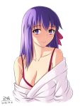  1girl bare_shoulders bikini bikini_under_clothes breasts cleavage collarbone dated fate/stay_night fate_(series) hair_ribbon long_hair looking_at_viewer matou_sakura off_shoulder purple_hair ribbon rna_(angel-smelter) signature simple_background smile solo swimsuit upper_body violet_eyes white_background white_bikini 