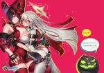  2girls :q ass belt black_hair blonde_hair blue_eyes breasts cleavage cover cover_page doujin_cover gloves guilty_gear halo heterochromia i-no jack-o_(guilty_gear) multicolored_hair multiple_girls oro_(sumakaita) red_background red_eyes red_legwear redhead short_hair thigh-highs thighs tongue tongue_out 