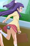  1girl bag black_panties blush frown haruyama_kazunori izayoi_liko long_hair mahou_girls_precure! panties pink_eyes precure print_panties purple_hair school_uniform socks solo_focus underwear 