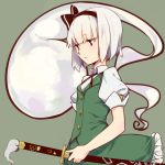  1girl airrabbityan brown_eyes green_background hairband highres hitodama katana konpaku_youmu konpaku_youmu_(ghost) looking_away puffy_sleeves shirt short_hair short_sleeves simple_background skirt skirt_set solo sword touhou upper_body vest weapon white_hair 