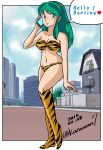  1girl aqua_hair bikini blue_eyes breasts cellphone cleavage english female full_body heart lum navel outdoors phone smile solo standing swimsuit tiger_print urusei_yatsura 