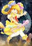  1girl asahina_mirai blonde_hair bow braid broom broom_riding candy_hair_ornament choker cure_miracle food_themed_hair_ornament full_body hair_ornament hat highres long_hair magical_girl mahou_girls_precure! mini_hat mini_witch_hat pink_hat precure red_bow shoes skirt smile solo thigh-highs topaz_style violet_eyes white_legwear witch_hat yellow_shoes yellow_skirt 