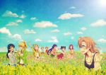  6+girls :d ^_^ arm_up ayase_eli black_hair blonde_hair blue_eyes blue_hair bow brown_hair chasing closed_eyes clouds clover commentary_request dandelion_seed field flower flower_field four-leaf_clover hair_bow hair_flower hair_ornament hands_together highres hoshizora_rin jacket koizumi_hanayo kousaka_honoka lilylion26 long_hair long_sleeves love_live!_school_idol_project minami_kotori multiple_girls nishikino_maki one_side_up open_mouth orange_hair ponytail purple_hair red_eyes redhead short_hair short_sleeves signature skirt sleeves_rolled_up smile sonoda_umi toujou_nozomi twintails violet_eyes waving yazawa_nico yellow_eyes 