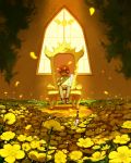  1girl absurdres androgynous brown_hair brown_shoes chara_(undertale) flower food highres knife petals pie red_eyes shirt shoes sitting smile solo spoilers striped striped_shirt tenperu_tapio throne undertale yellow yellow_flower 