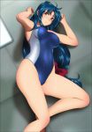  1girl armpits blue_hair bow brown_eyes chidori_kaname competition_swimsuit from_above full_metal_panic! groin hair_bow highres indoors long_hair looking_at_viewer low-tied_long_hair lying on_back one-piece_swimsuit red_bow solo swimsuit wet yadokari_genpachirou 