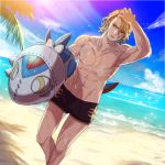  1boy abs adjusting_hair beach blonde_hair fire_emblem fire_emblem_if hand_on_own_head inflatable_toy kozaki_yuusuke lens_flare lilith_(fire_emblem_if) male_focus male_swimwear marx_(fire_emblem_if) muscle ocean official_art palm_tree sand shirtless solo swim_trunks swimwear tree 