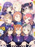  +_+ 6+girls :d :o ;) atsumi_jun ayase_eli black_hair blonde_hair blue_eyes bow brown_eyes brown_hair confetti flower green_eyes grey_hair hoshizora_rin koizumi_hanayo kousaka_honoka love_live!_school_idol_project minami_kotori multiple_girls nico_nico_nii nishikino_maki one_eye_closed open_mouth outstretched_arms red_eyes redhead school_uniform smile sonoda_umi toujou_nozomi yazawa_nico 