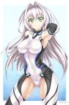  1girl absurdres arm_behind_back arm_behind_head armpits bare_shoulders breasts covered_navel covered_nipples elbow_gloves emilia_hermit gloves green_eyes hair_intakes highres hundred large_breasts long_hair nez-kun silver_hair smile solo taut_clothes 