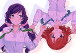  2girls green_eyes highres holding_tie love_live!_school_idol_project matsuri_(artist) multiple_girls necktie nishikino_maki purple_hair redhead scarf scrunchie shirt toujou_nozomi twintails violet_eyes white_shirt 