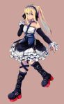  1girl bare_shoulders blonde_hair blue_eyes boots bubble_skirt choker dead_or_alive dead_or_alive_5 detached_sleeves flat_chest frills full_body gothic_lolita hairband knee_boots lolita_fashion long_hair marie_rose mokokko platform_boots skirt solo thigh_strap twintails 