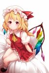  1girl ascot blonde_hair blush crystal flandre_scarlet from_above full_body grin hat hat_ribbon jpeg_artifacts looking_at_viewer mob_cap nishimura_nike on_bed pointy_ears puffy_sleeves red_eyes ribbon shirt shoes short_sleeves side_ponytail sitting skirt skirt_lift skirt_set smile socks solo touhou vest white_background white_legwear wings 