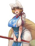  1girl blonde_hair breasts broom chanta_(ayatakaoisii) fox_tail hat highres huge_breasts looking_at_viewer multiple_tails open_mouth short_hair simple_background solo sweat tail touhou white_background yakumo_ran 
