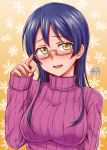  1girl adjusting_glasses blue_hair blush glasses highres kyuusenbinore_(gavion) long_hair long_sleeves love_live!_school_idol_project ribbed_sweater solo sonoda_umi sweater turtleneck yellow_eyes 