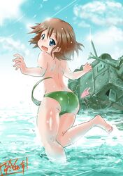  1girl bikini blue_eyes brown_hair girls_und_panzer highres kisa_kazuyuki military military_vehicle sakaguchi_karina short_hair solo splashing swimsuit tank vehicle wardrobe_malfunction 