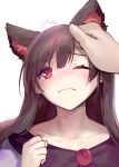  1girl ;( ainy77 animal_ears blush brown_hair collarbone imaizumi_kagerou looking_at_viewer one_eye_closed petting pov_hands red_eyes simple_background solo touhou upper_body white_background wolf_ears 